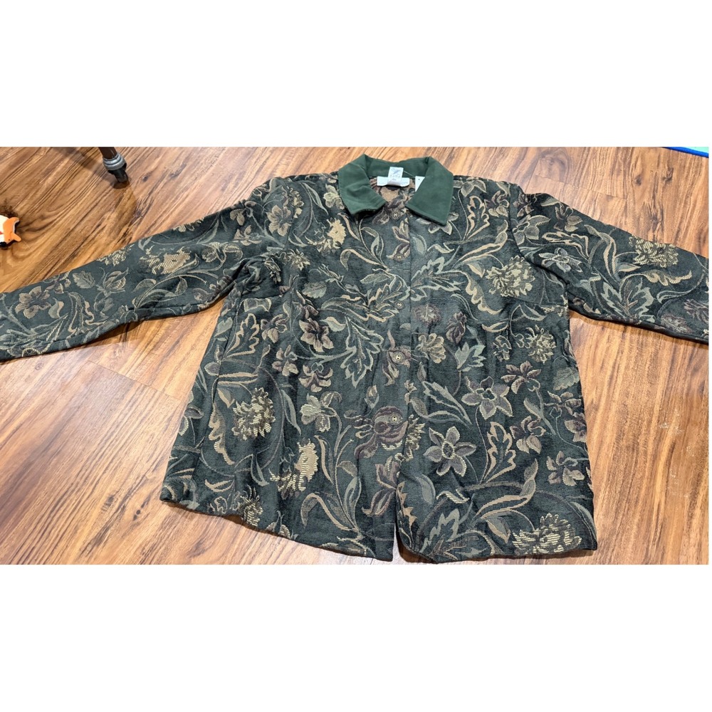 Grandma Core Womens Susan Graver Tapestry Jacket Large Green Floral Jacquard